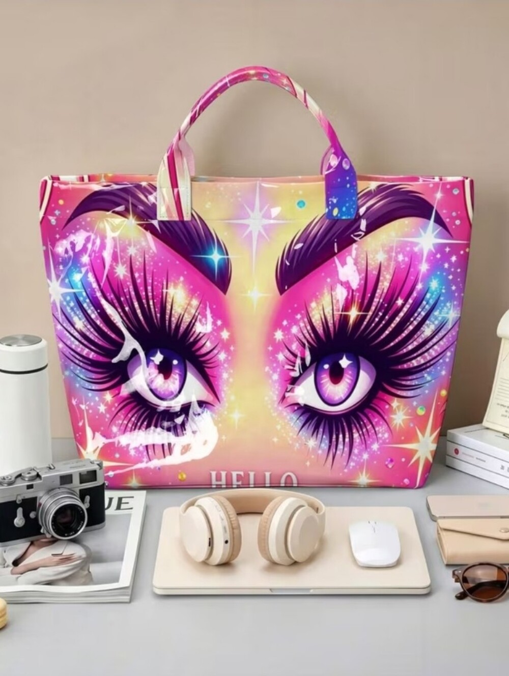 Women Glitter Starburst Glam Eyes Hello Big Tote Bag